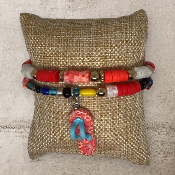 Flip Flop Charm & Heishi Clay Beads Colorful Handmade Beach Vibes Bracelet Set - Picture 2 of 5